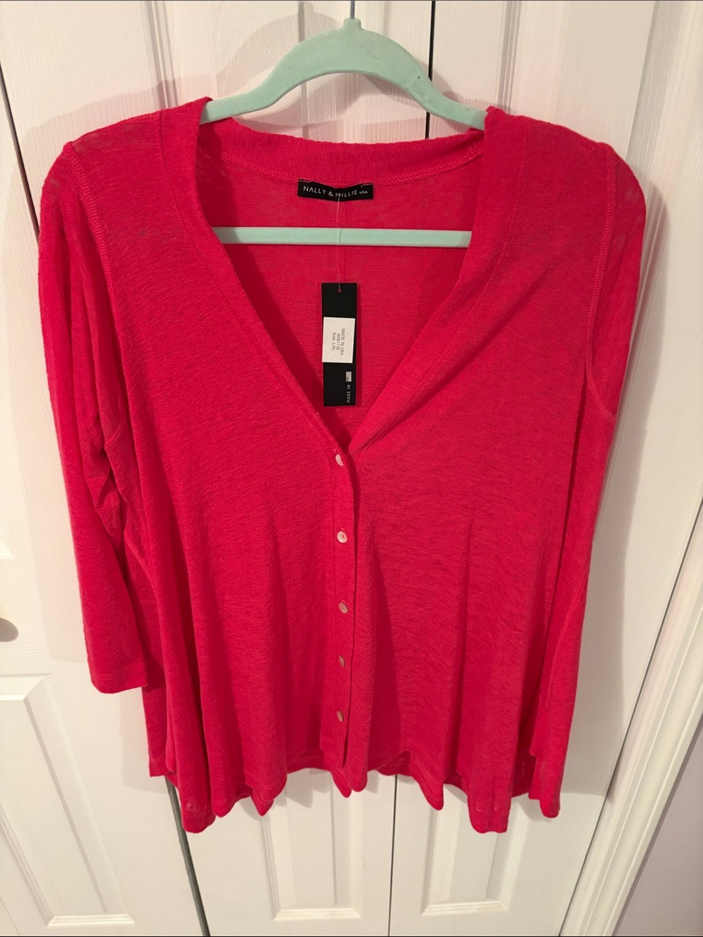 NWT- Nally & Millie Hot Pink V-Neck Button-Front Women's Top